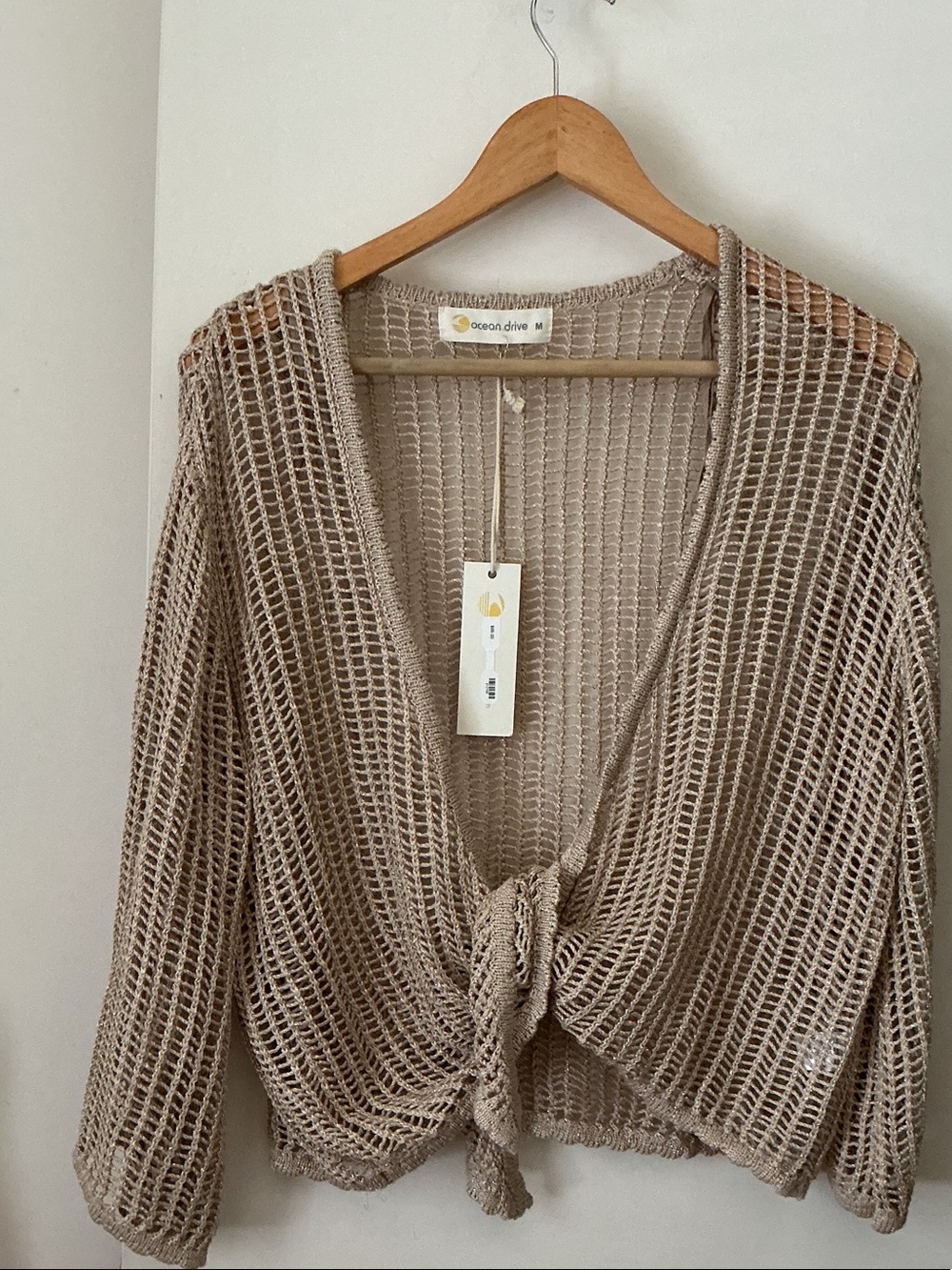 Ocean Drive Beige Open-Knit Tie-Front Sweater